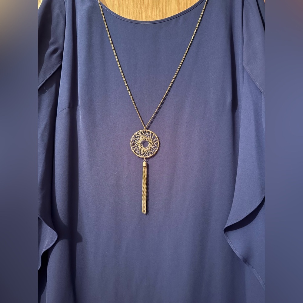 Alyx Elegant Navy Blue Dress w/Necklace - Picture 3 of 7